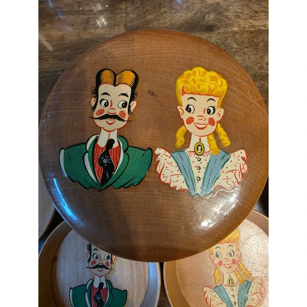 Vintage Reganware Wooden Coaster Set with Lid 8pc Mid Century Japan Kitsch Decor
